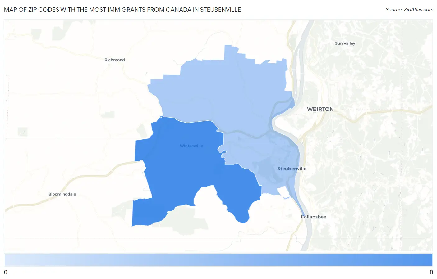 Zip Codes with the Most Immigrants from Canada in Steubenville Map