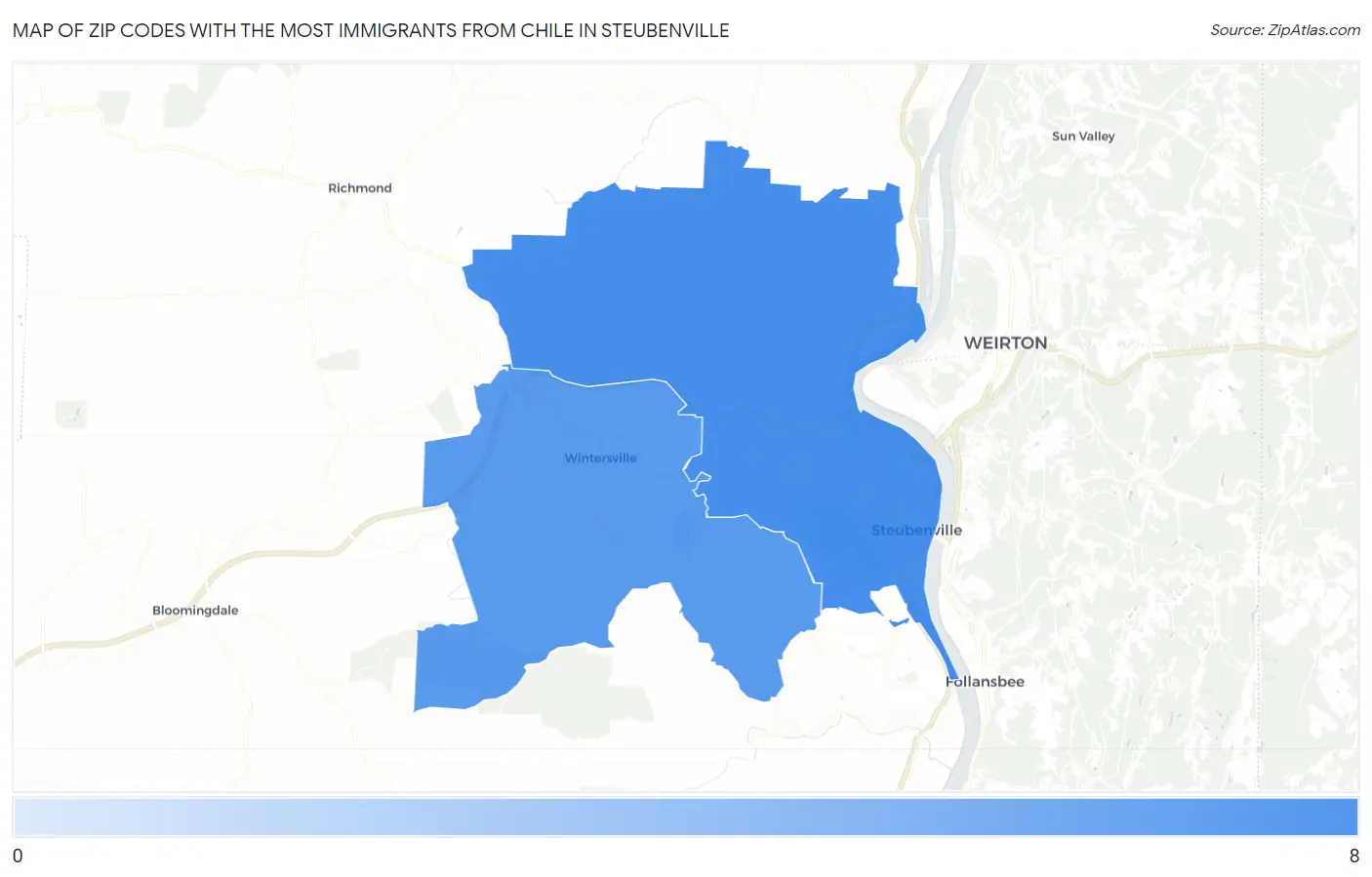 Zip Codes with the Most Immigrants from Chile in Steubenville Map