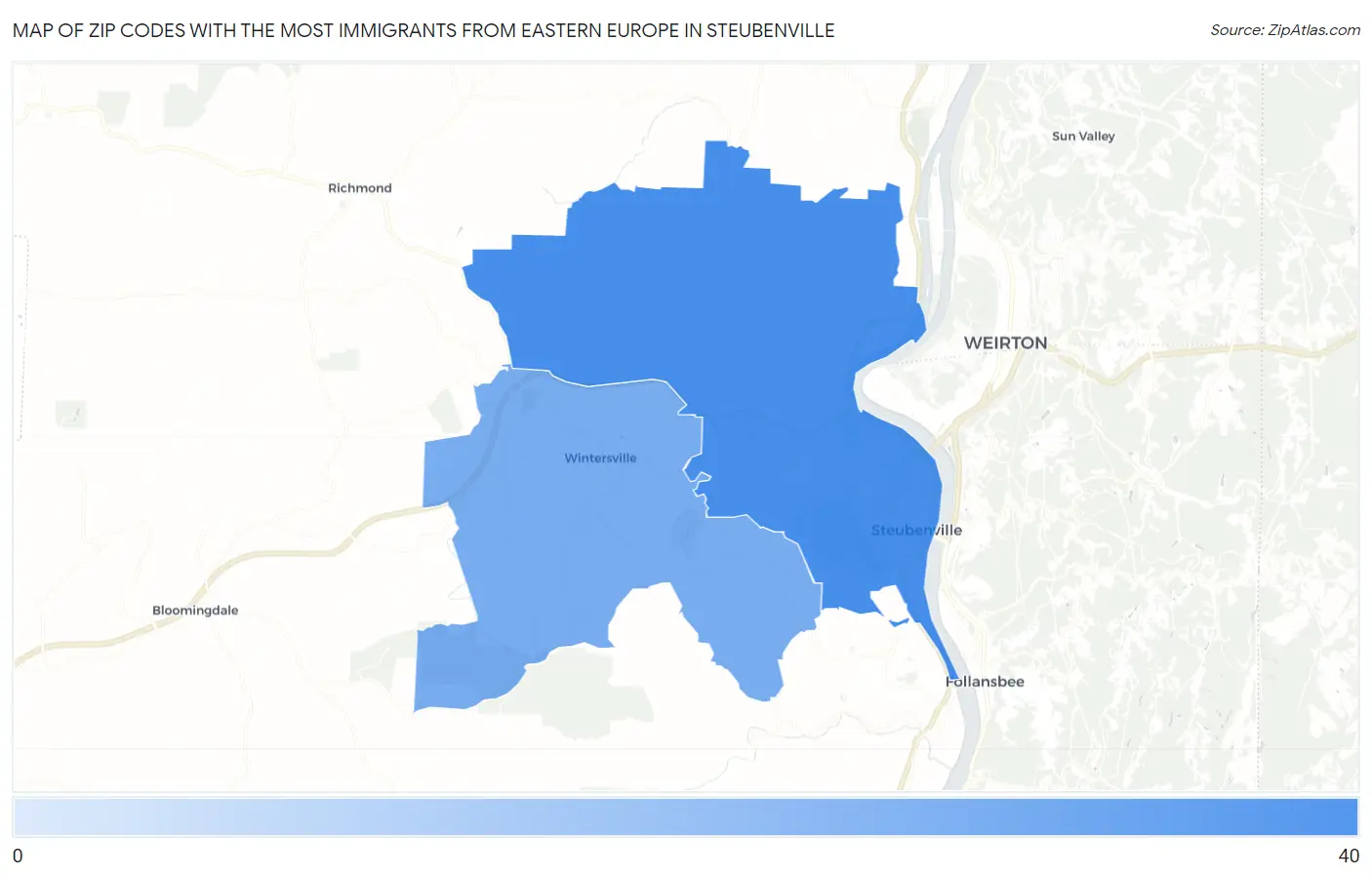 Zip Codes with the Most Immigrants from Eastern Europe in Steubenville Map