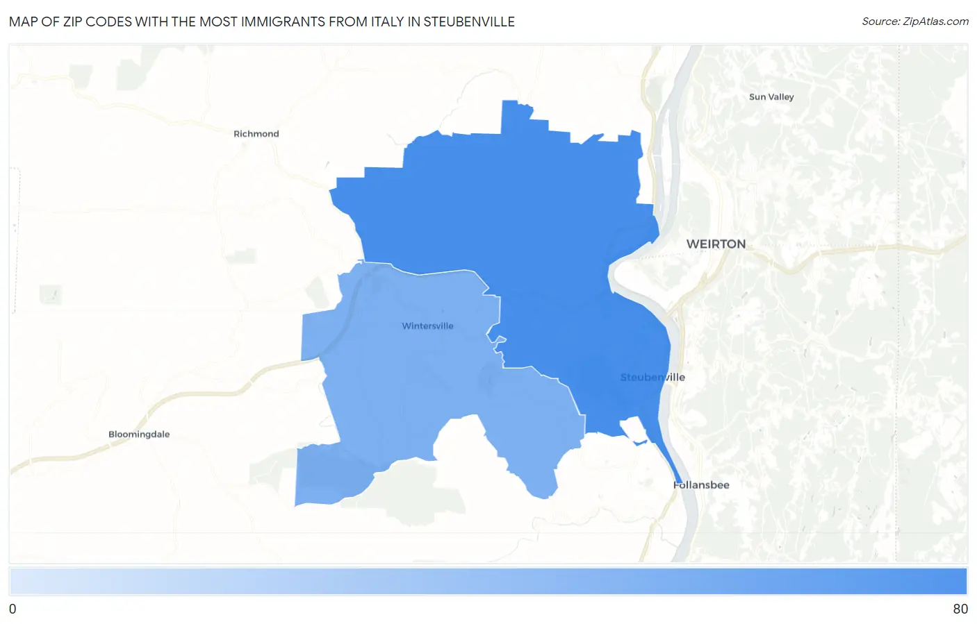 Zip Codes with the Most Immigrants from Italy in Steubenville Map