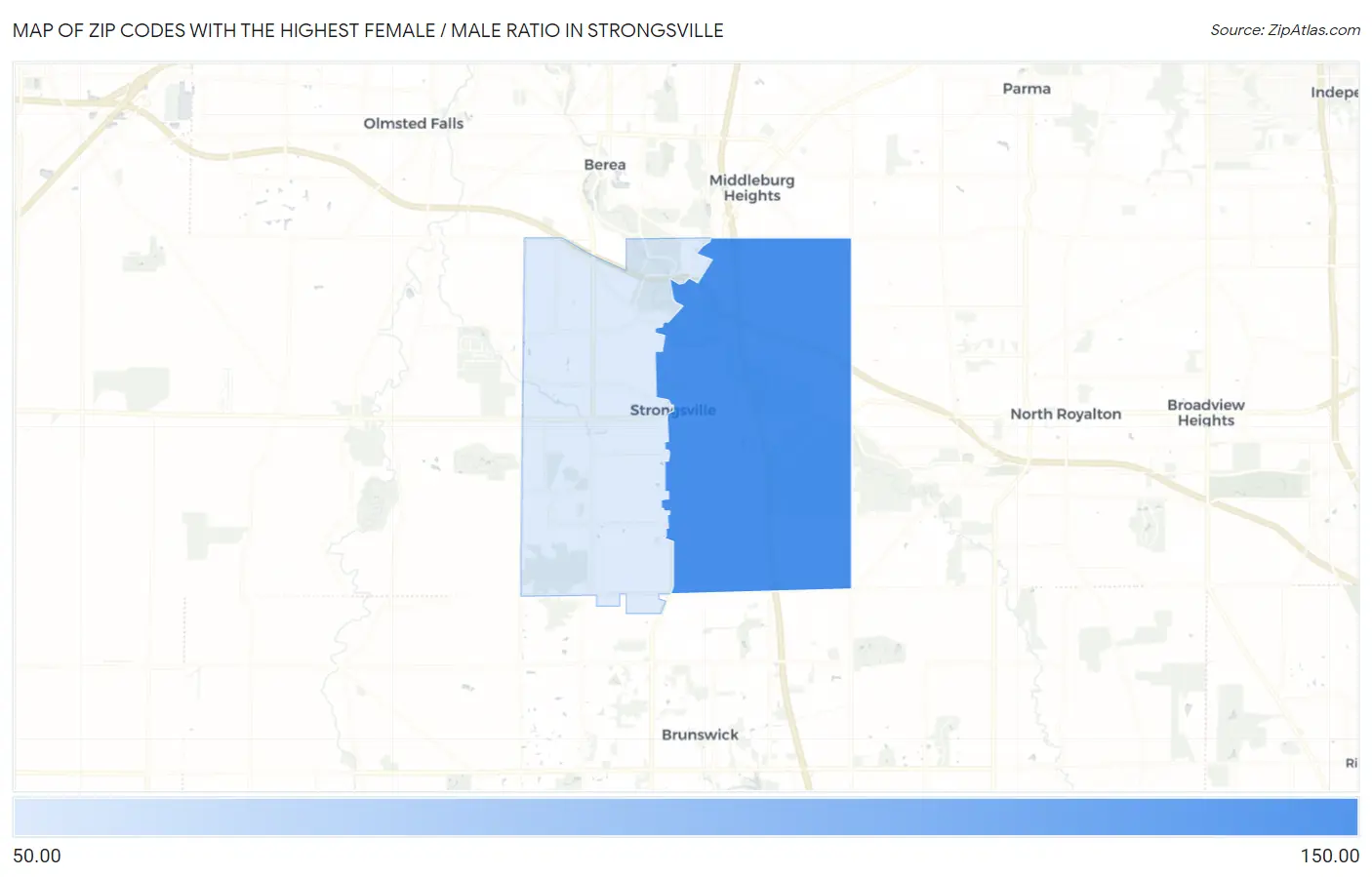 Zip Codes with the Highest Female / Male Ratio in Strongsville Map