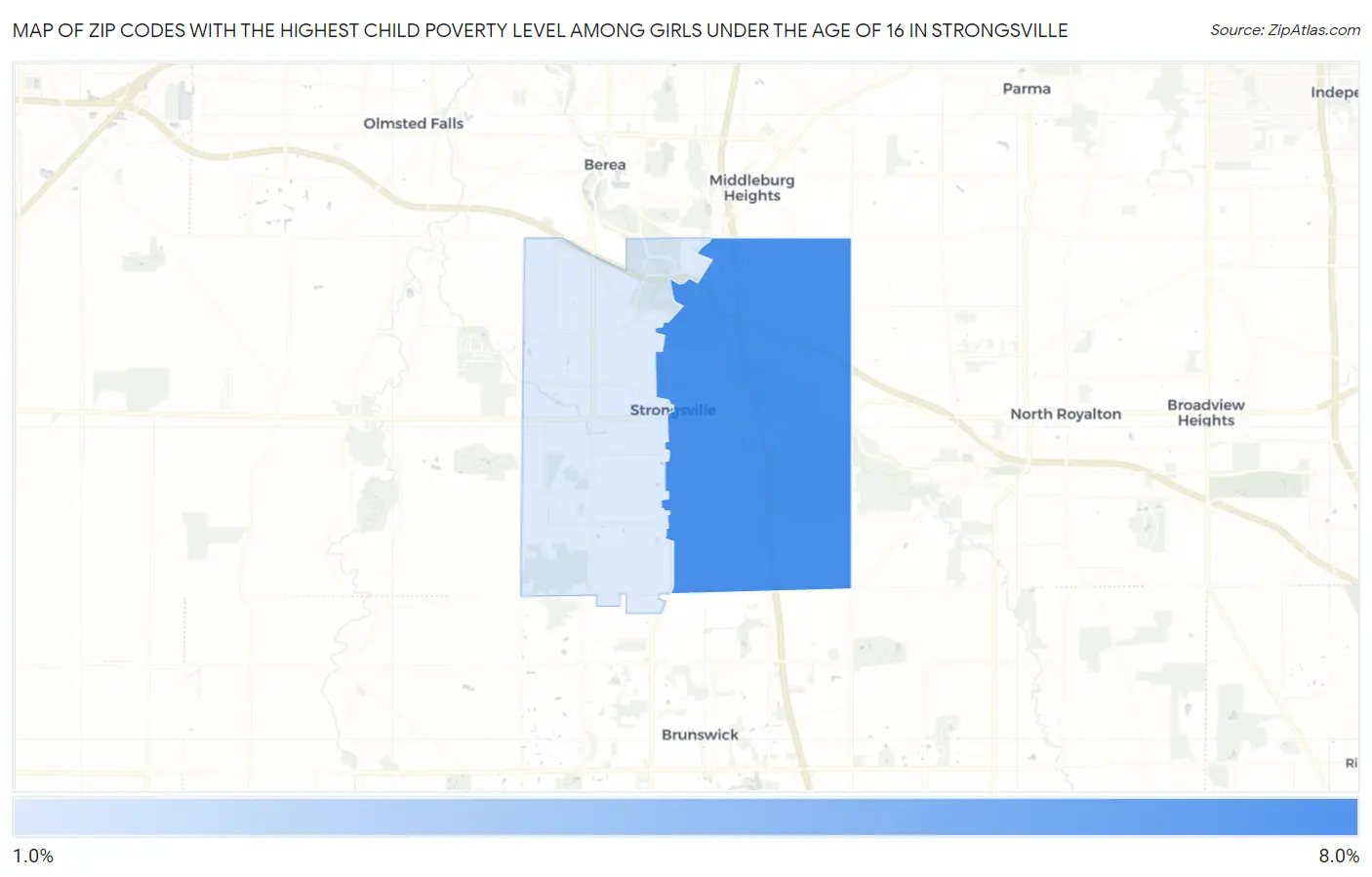 Zip Codes with the Highest Child Poverty Level Among Girls Under the Age of 16 in Strongsville Map