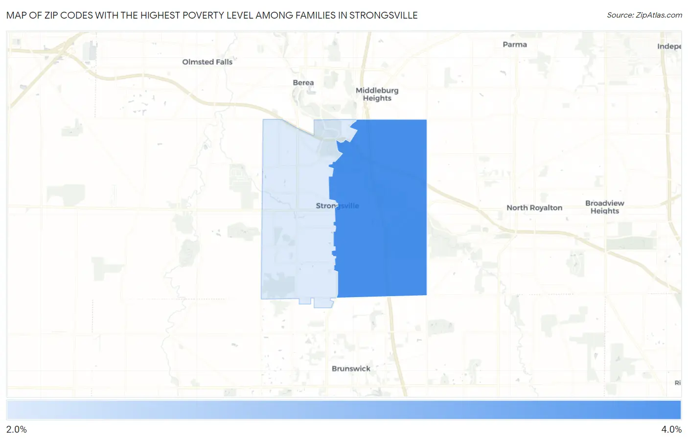 Zip Codes with the Highest Poverty Level Among Families in Strongsville Map