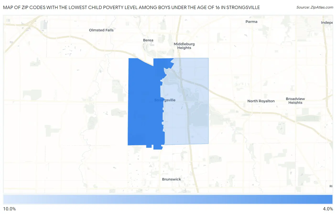 Zip Codes with the Lowest Child Poverty Level Among Boys Under the Age of 16 in Strongsville Map