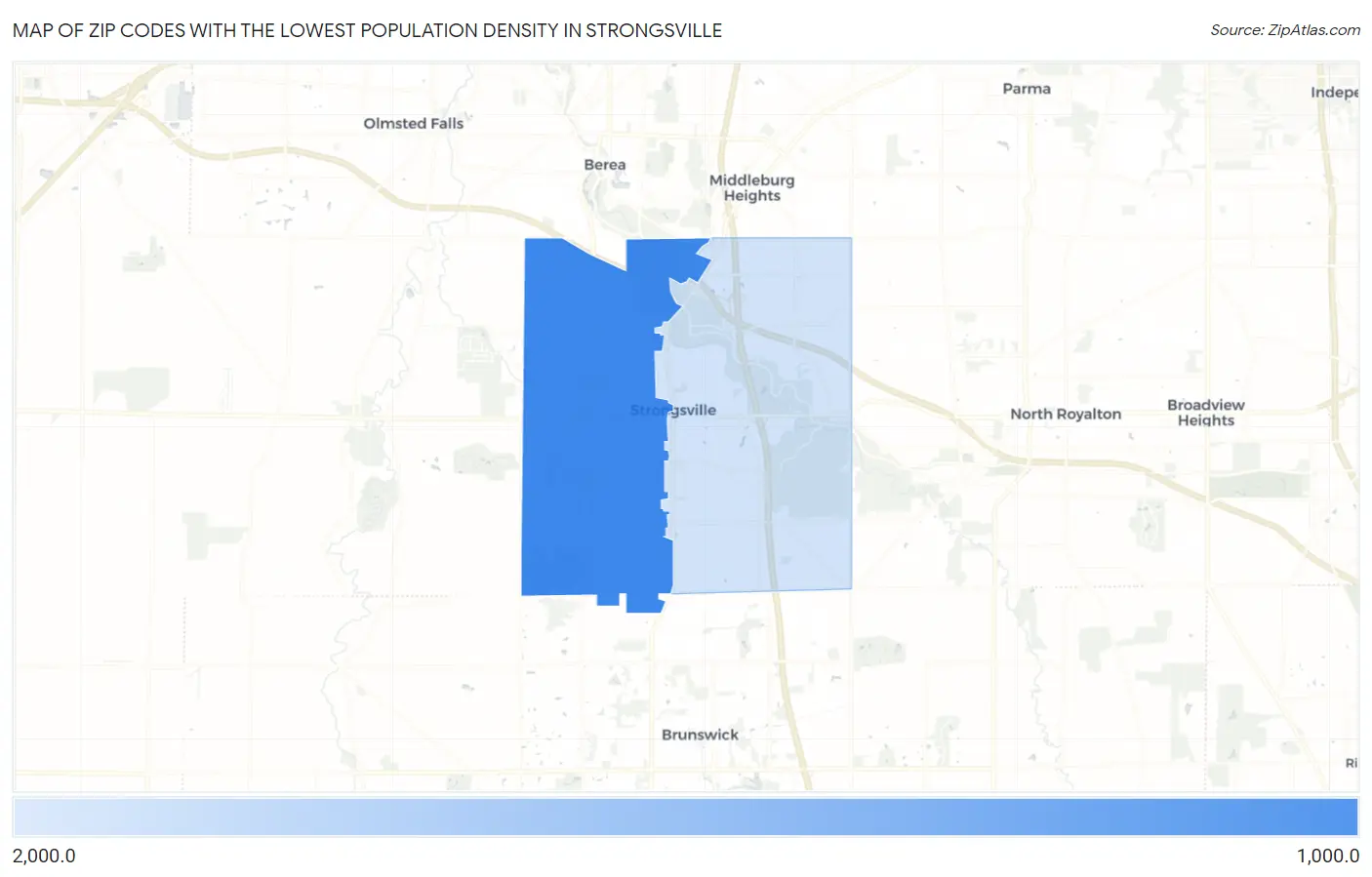 Zip Codes with the Lowest Population Density in Strongsville Map