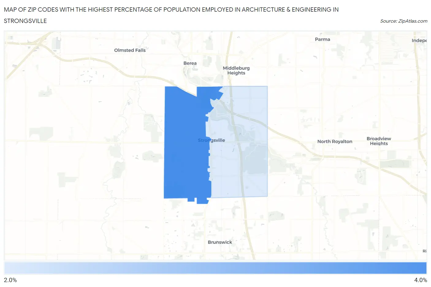 Zip Codes with the Highest Percentage of Population Employed in Architecture & Engineering in Strongsville Map