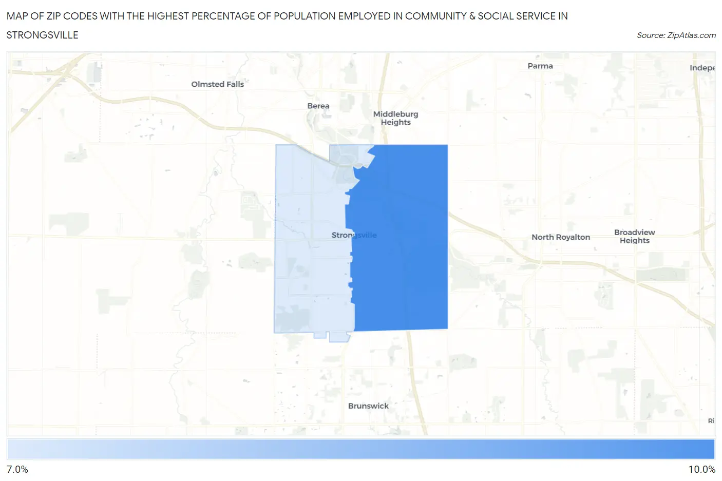 Zip Codes with the Highest Percentage of Population Employed in Community & Social Service  in Strongsville Map