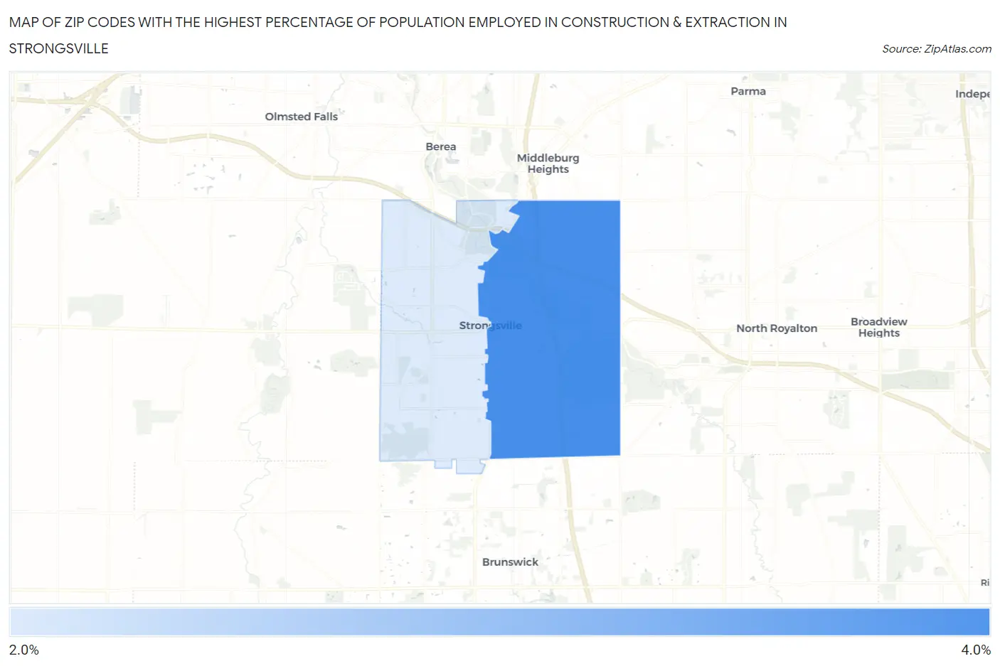 Zip Codes with the Highest Percentage of Population Employed in Construction & Extraction in Strongsville Map
