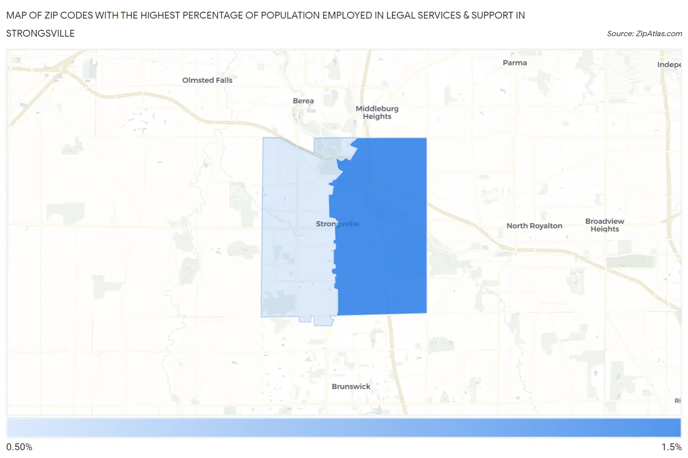 Zip Codes with the Highest Percentage of Population Employed in Legal Services & Support in Strongsville Map