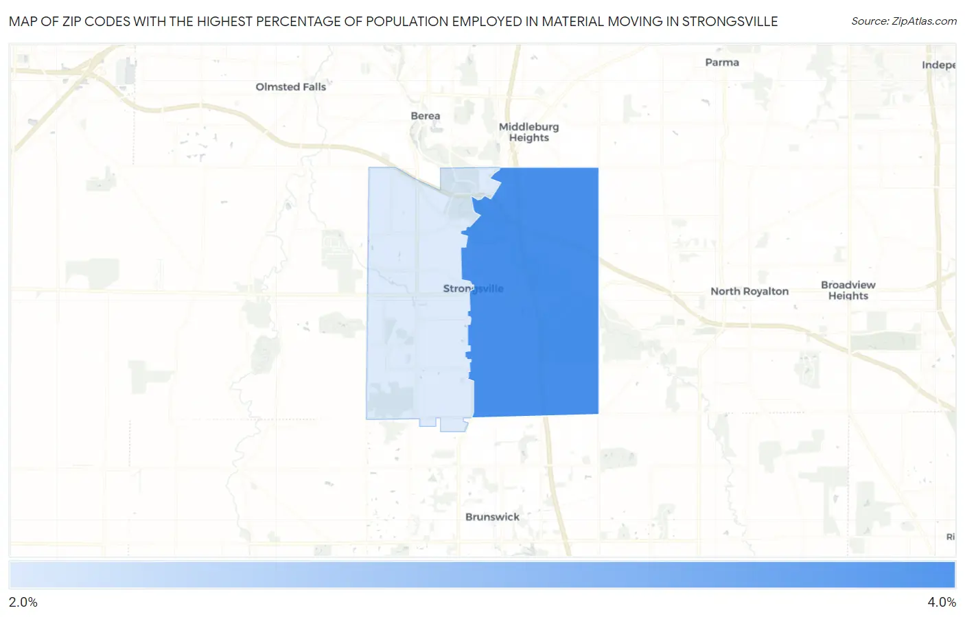Zip Codes with the Highest Percentage of Population Employed in Material Moving in Strongsville Map