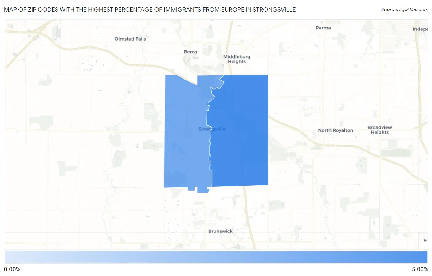 Zip Codes with the Highest Percentage of Immigrants from Europe in Strongsville Map