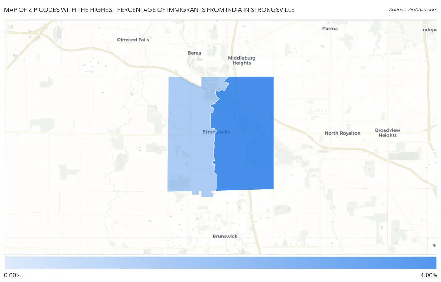 Zip Codes with the Highest Percentage of Immigrants from India in Strongsville Map