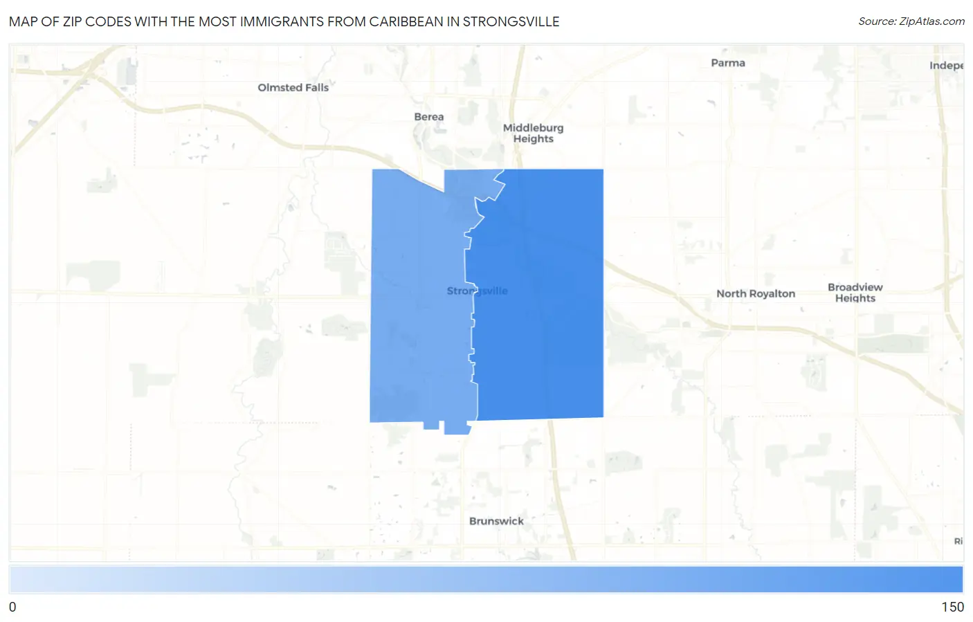 Zip Codes with the Most Immigrants from Caribbean in Strongsville Map