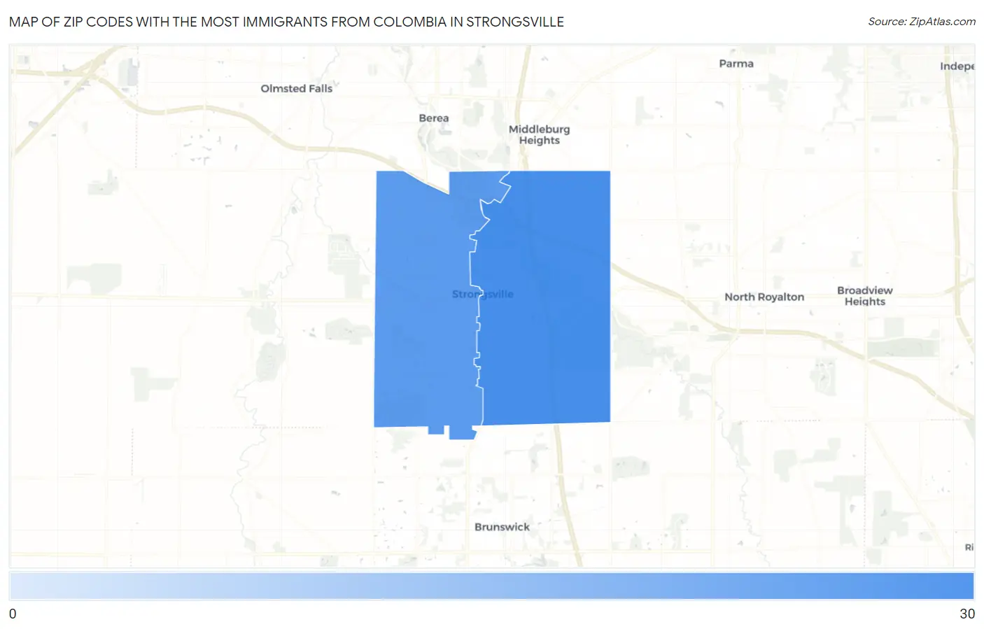 Zip Codes with the Most Immigrants from Colombia in Strongsville Map