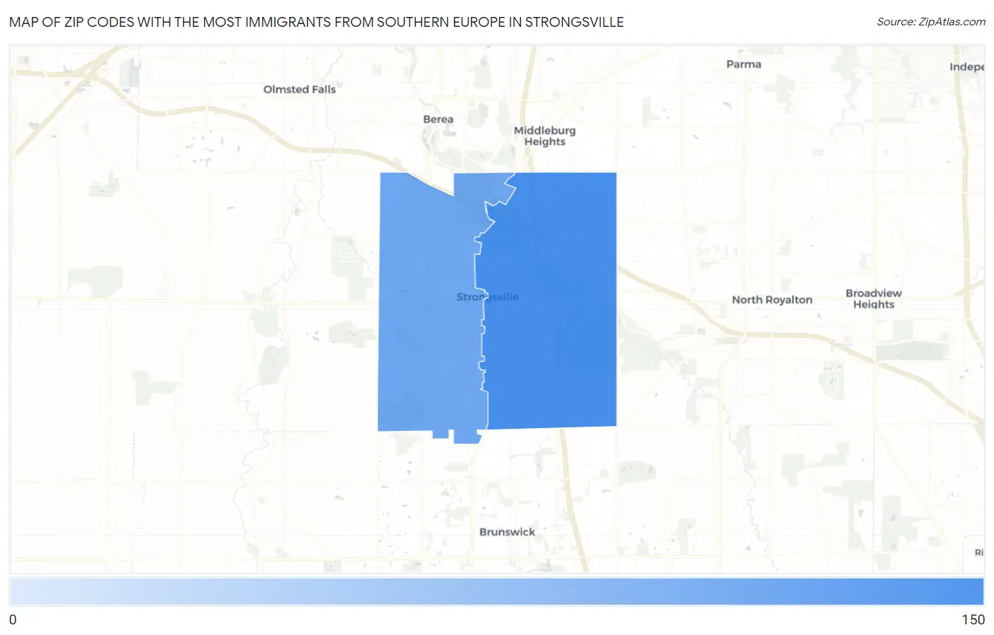 Zip Codes with the Most Immigrants from Southern Europe in Strongsville Map