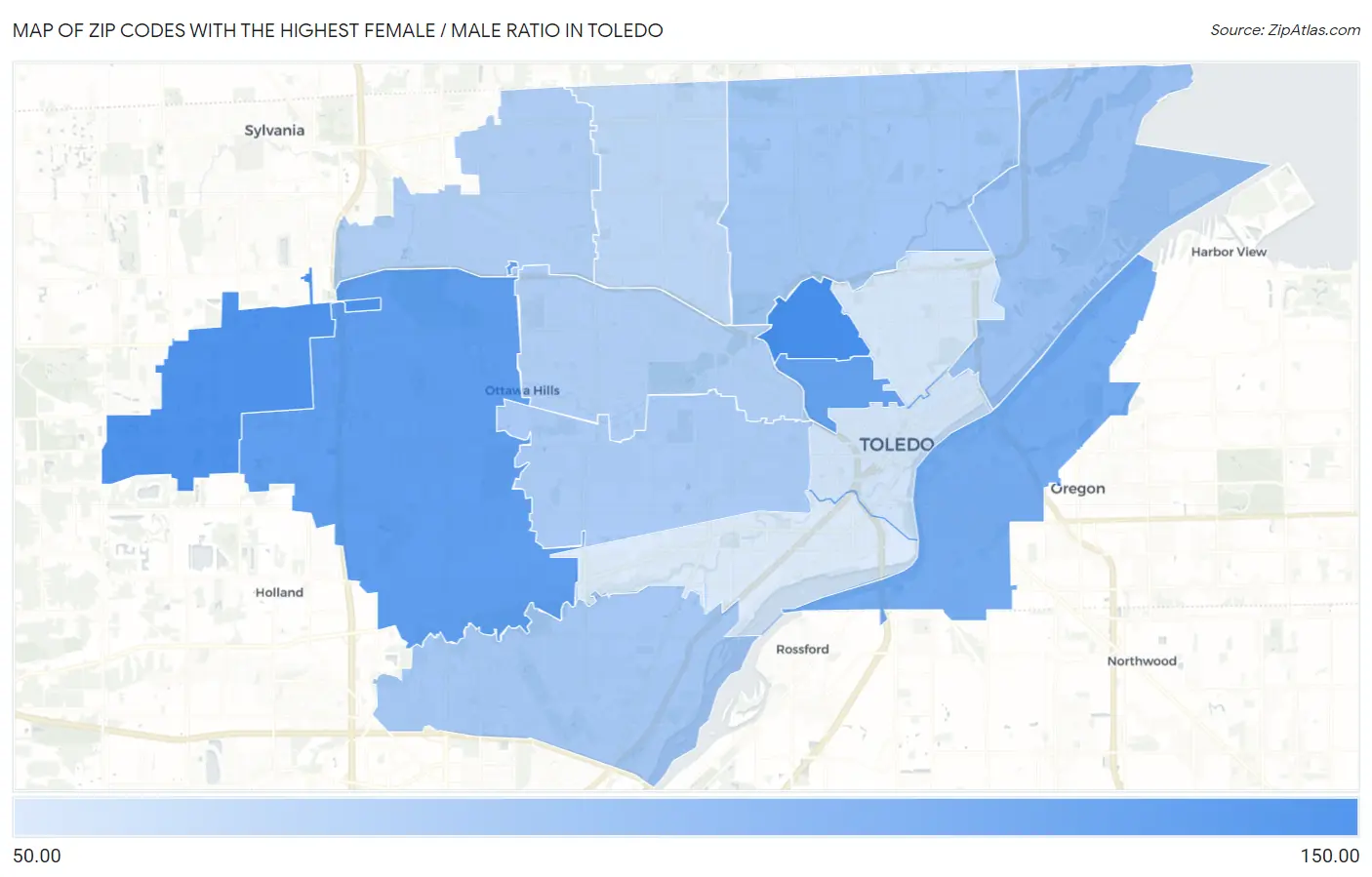 Zip Codes with the Highest Female / Male Ratio in Toledo Map