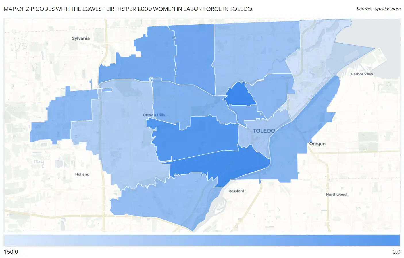 Zip Codes with the Lowest Births per 1,000 Women in Labor Force in Toledo Map