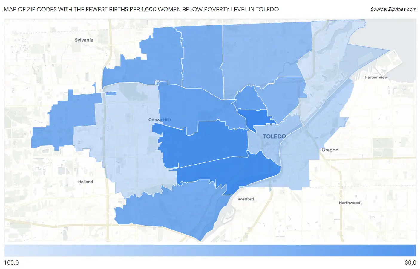 Zip Codes with the Fewest Births per 1,000 Women Below Poverty Level in Toledo Map