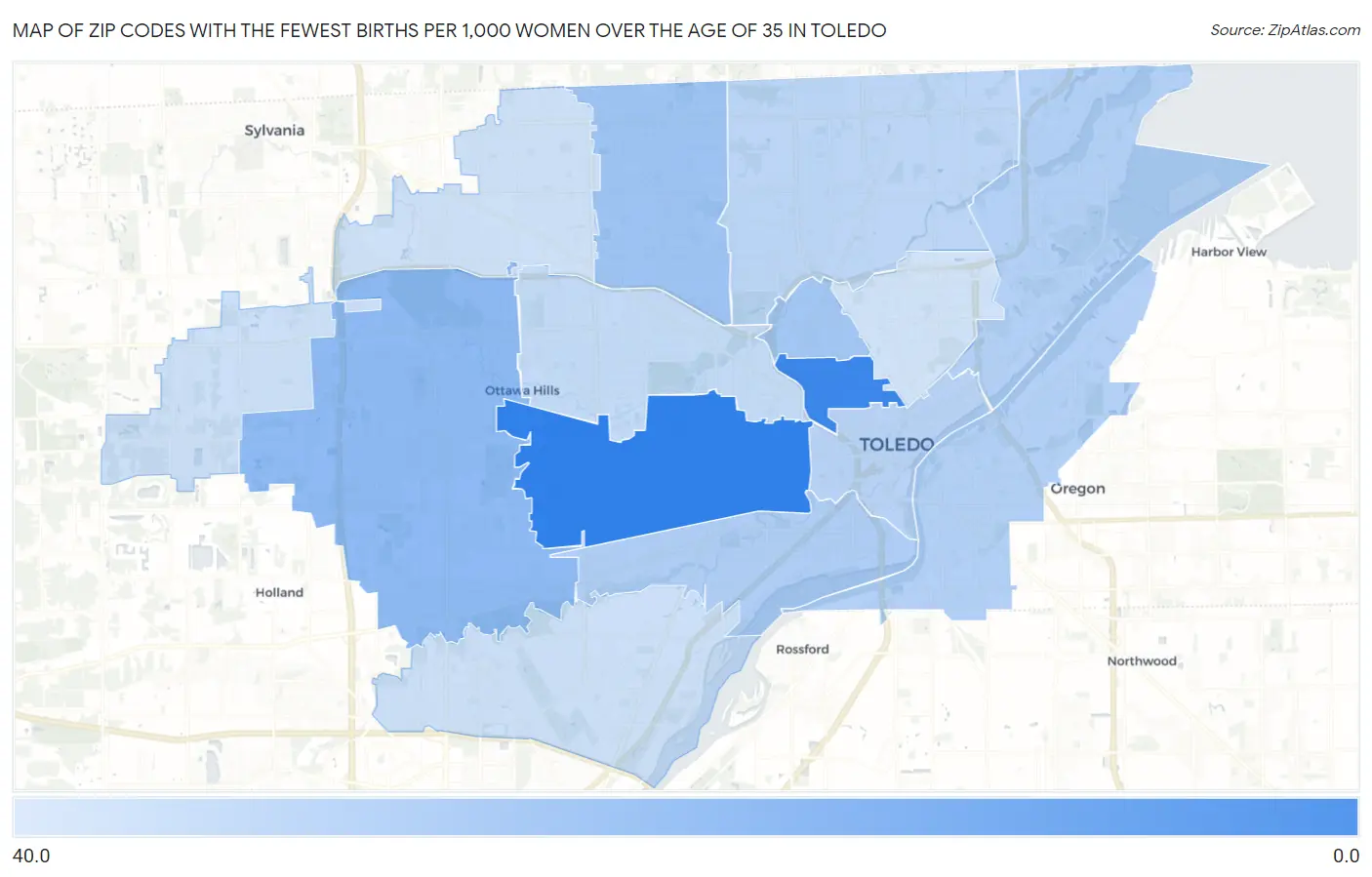 Zip Codes with the Fewest Births per 1,000 Women Over the Age of 35 in Toledo Map