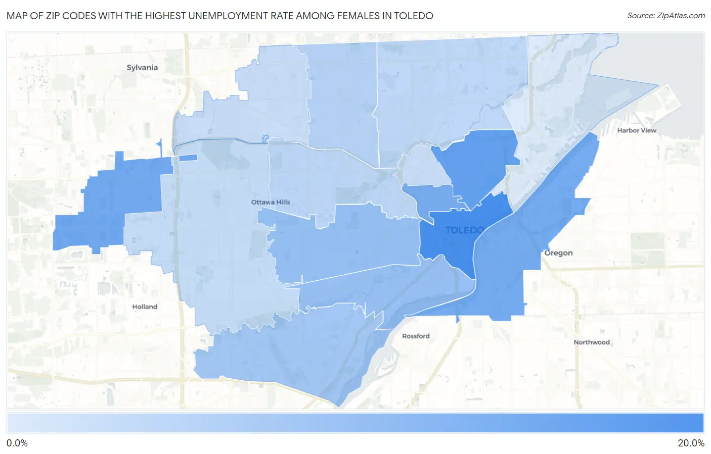 Zip Codes with the Highest Unemployment Rate Among Females in Toledo Map