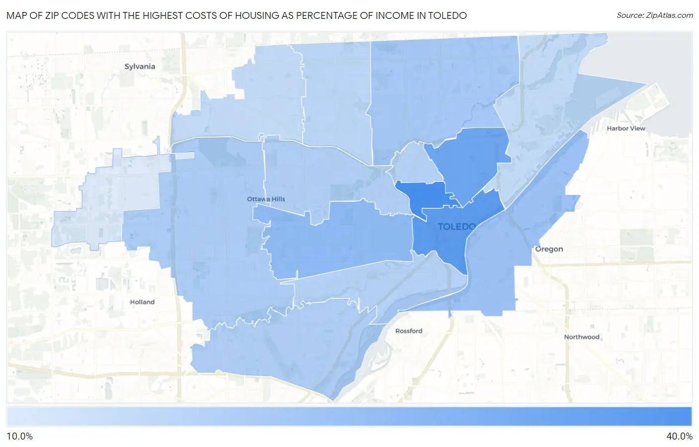 Zip Codes with the Highest Costs of Housing as Percentage of Income in Toledo Map
