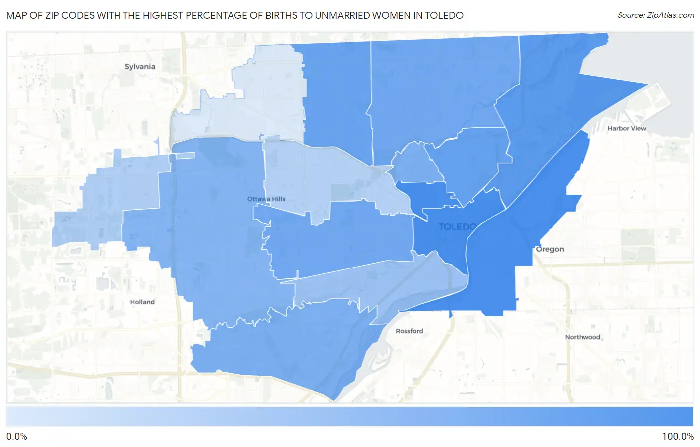 Zip Codes with the Highest Percentage of Births to Unmarried Women in Toledo Map