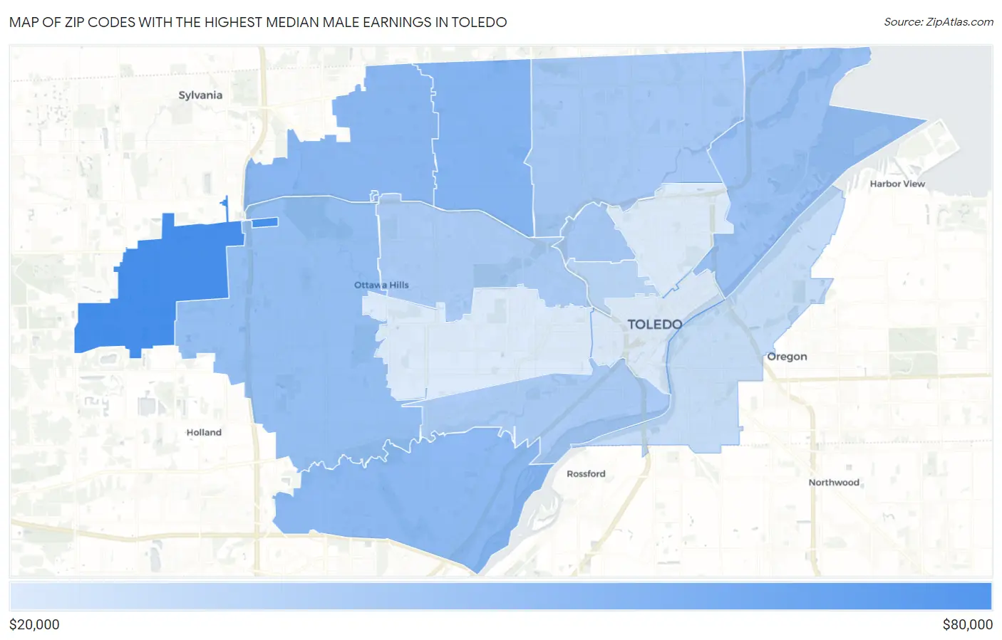 Zip Codes with the Highest Median Male Earnings in Toledo Map