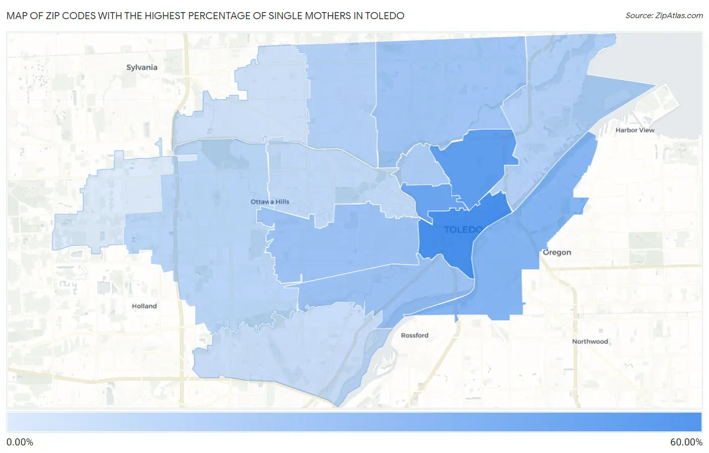 Zip Codes with the Highest Percentage of Single Mothers in Toledo Map