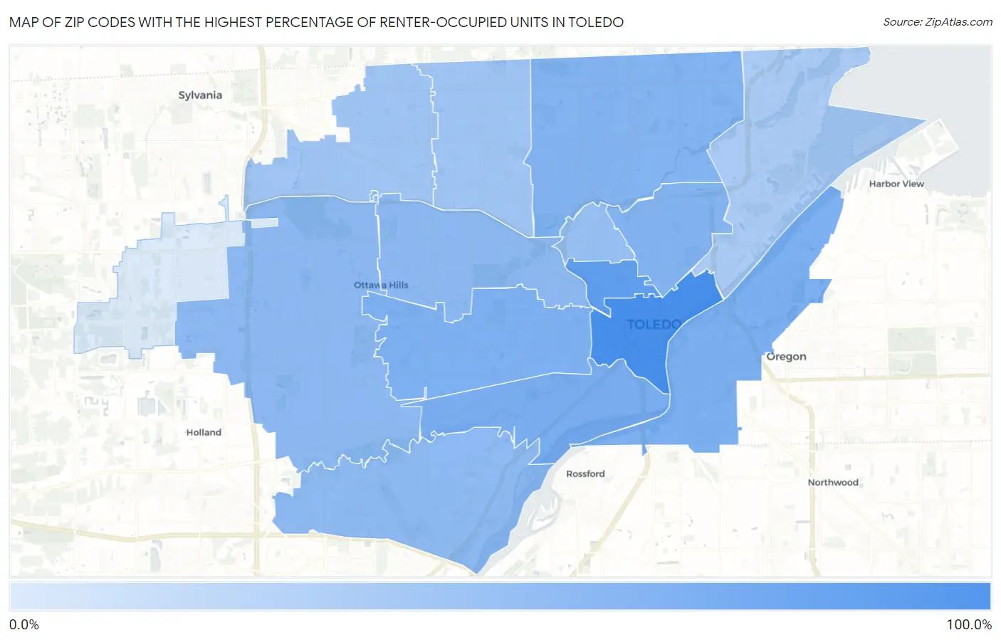 Zip Codes with the Highest Percentage of Renter-Occupied Units in Toledo Map