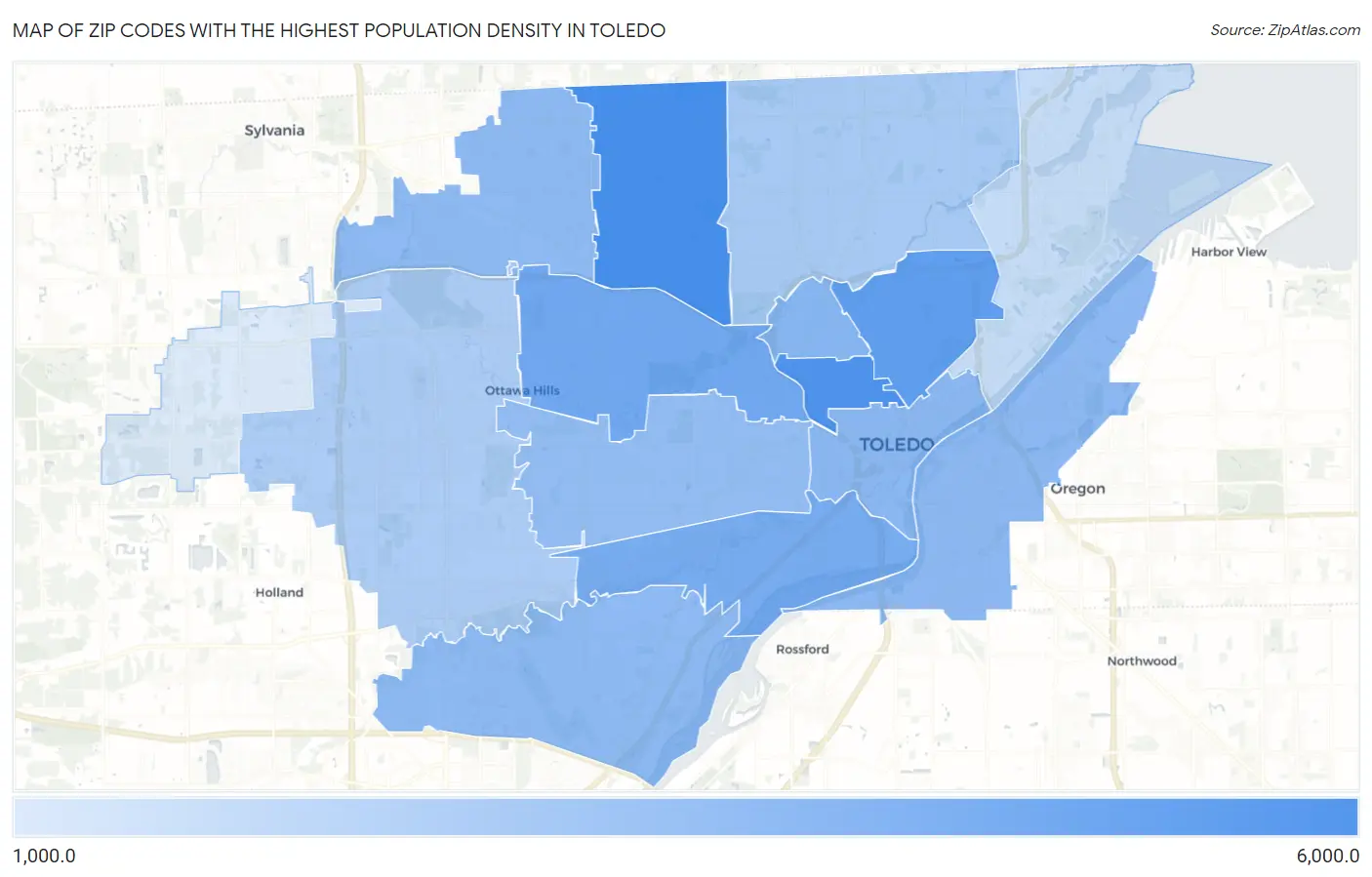 Zip Codes with the Highest Population Density in Toledo Map