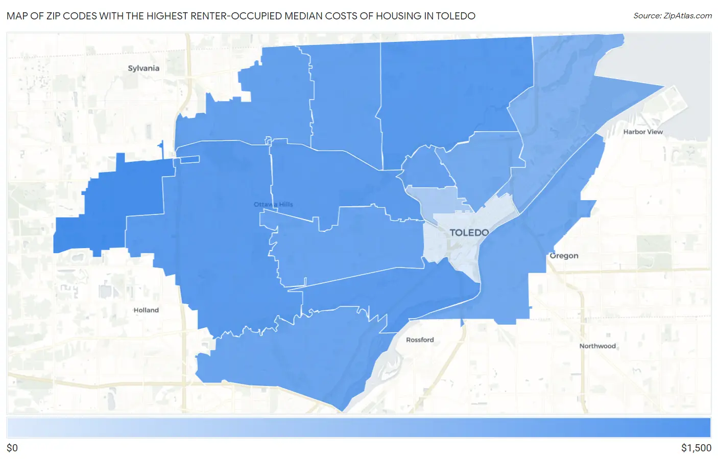 Zip Codes with the Highest Renter-Occupied Median Costs of Housing in Toledo Map