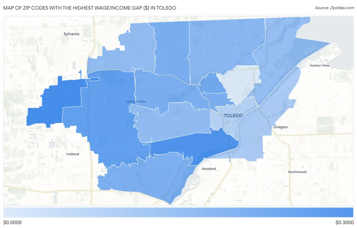 Zip Codes with the Highest Wage/Income Gap ($) in Toledo Map