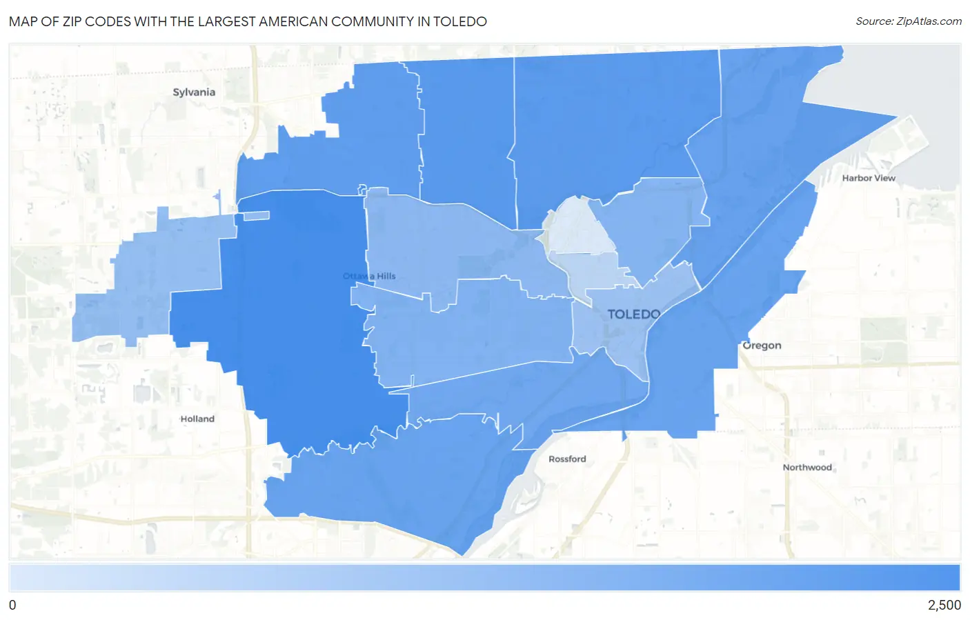 Zip Codes with the Largest American Community in Toledo Map