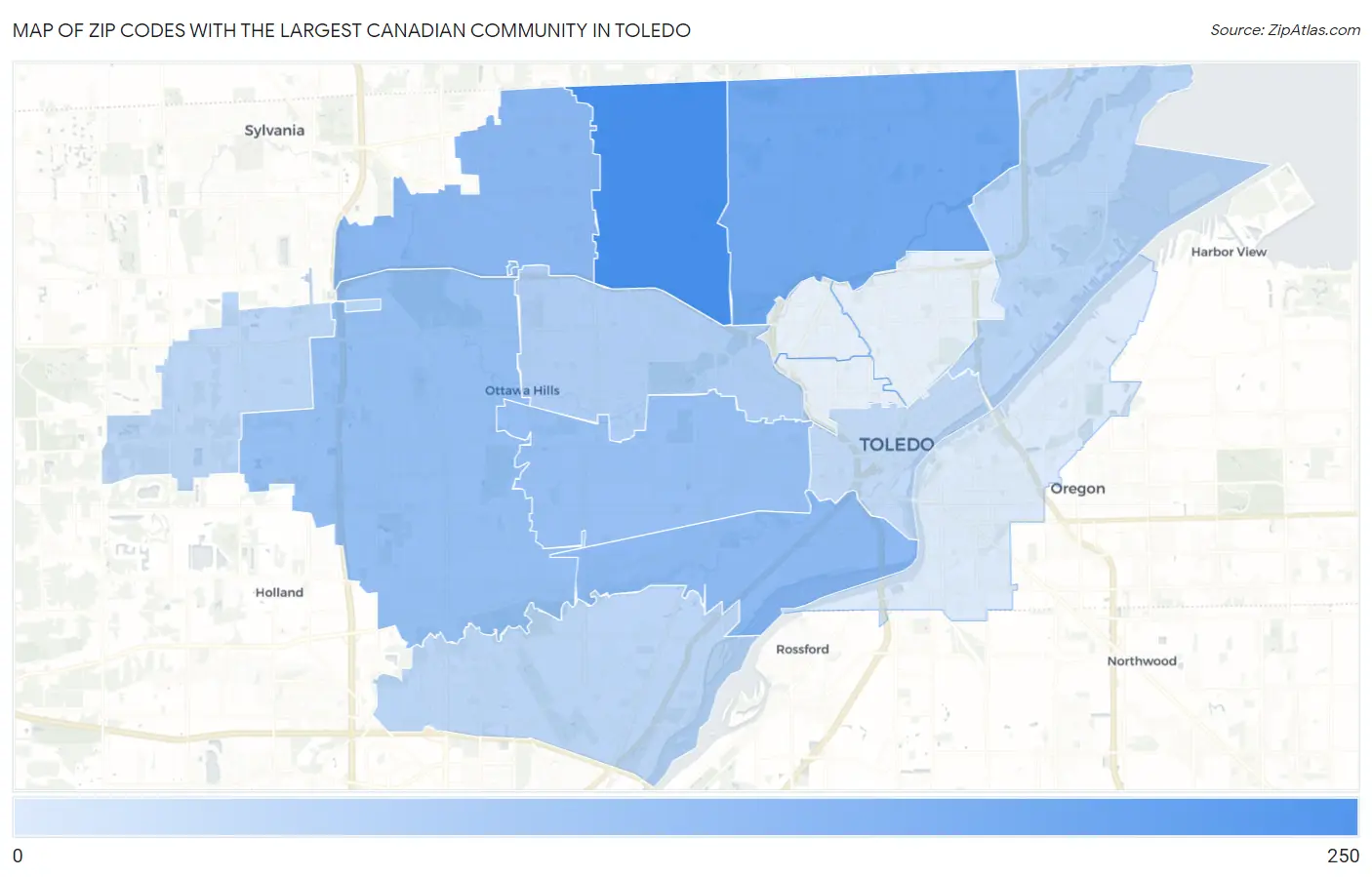 Zip Codes with the Largest Canadian Community in Toledo Map
