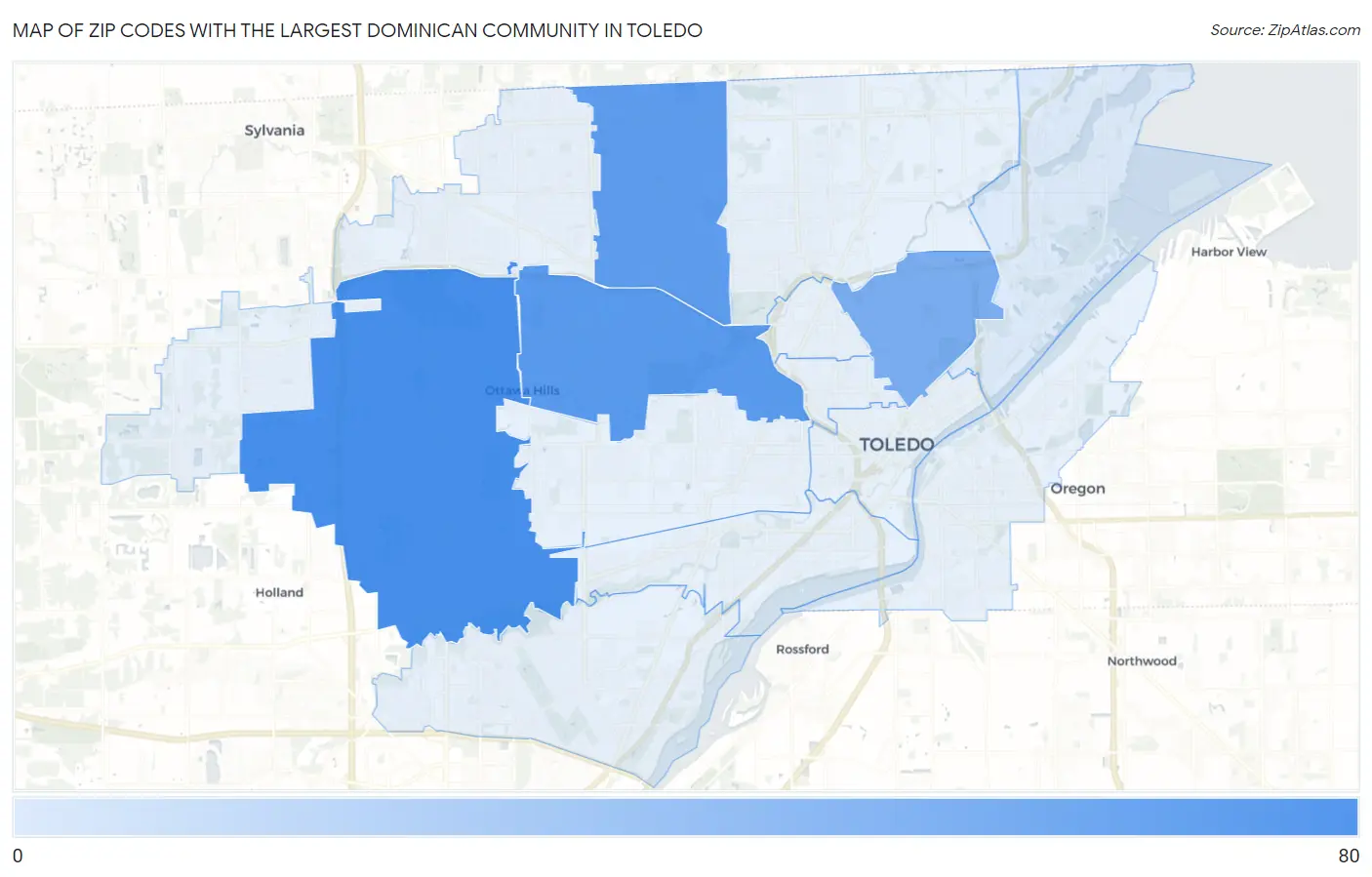Zip Codes with the Largest Dominican Community in Toledo Map
