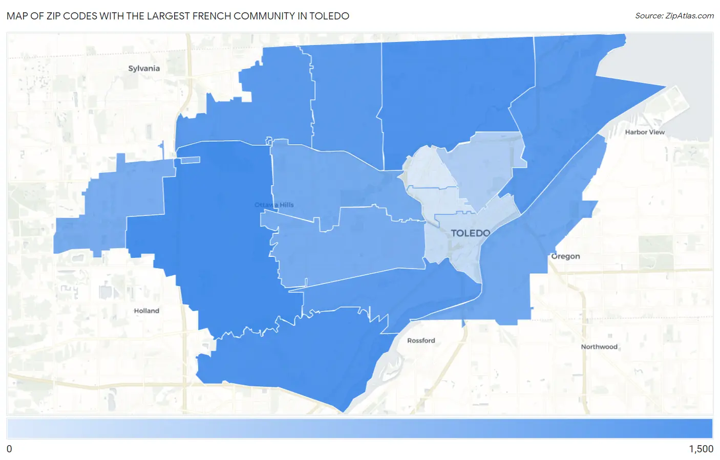 Zip Codes with the Largest French Community in Toledo Map