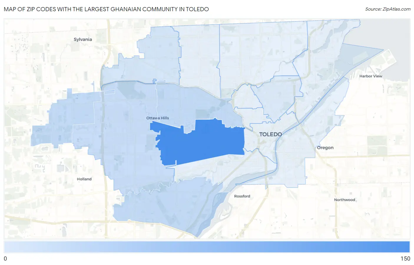 Zip Codes with the Largest Ghanaian Community in Toledo Map