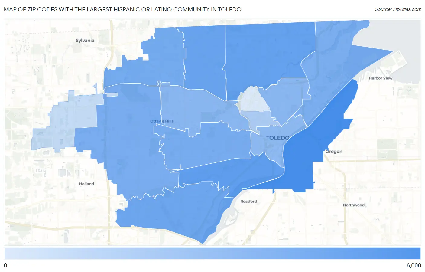 Zip Codes with the Largest Hispanic or Latino Community in Toledo Map