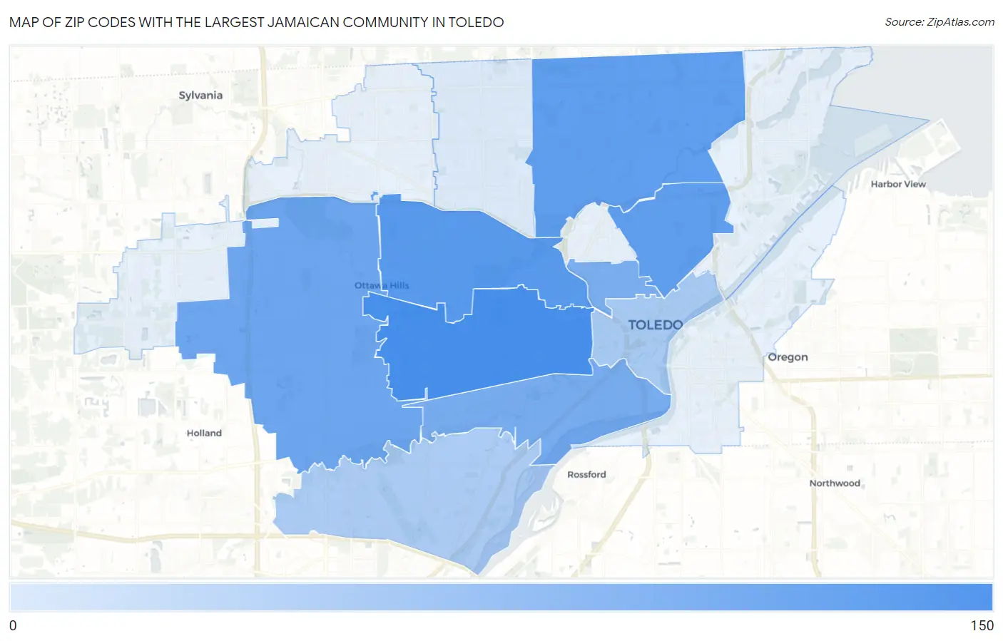 Zip Codes with the Largest Jamaican Community in Toledo Map
