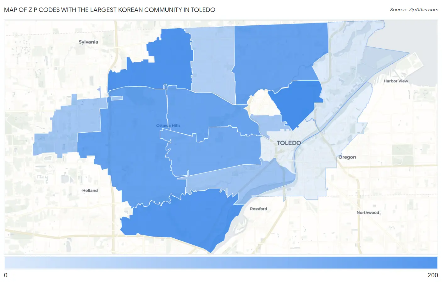 Zip Codes with the Largest Korean Community in Toledo Map