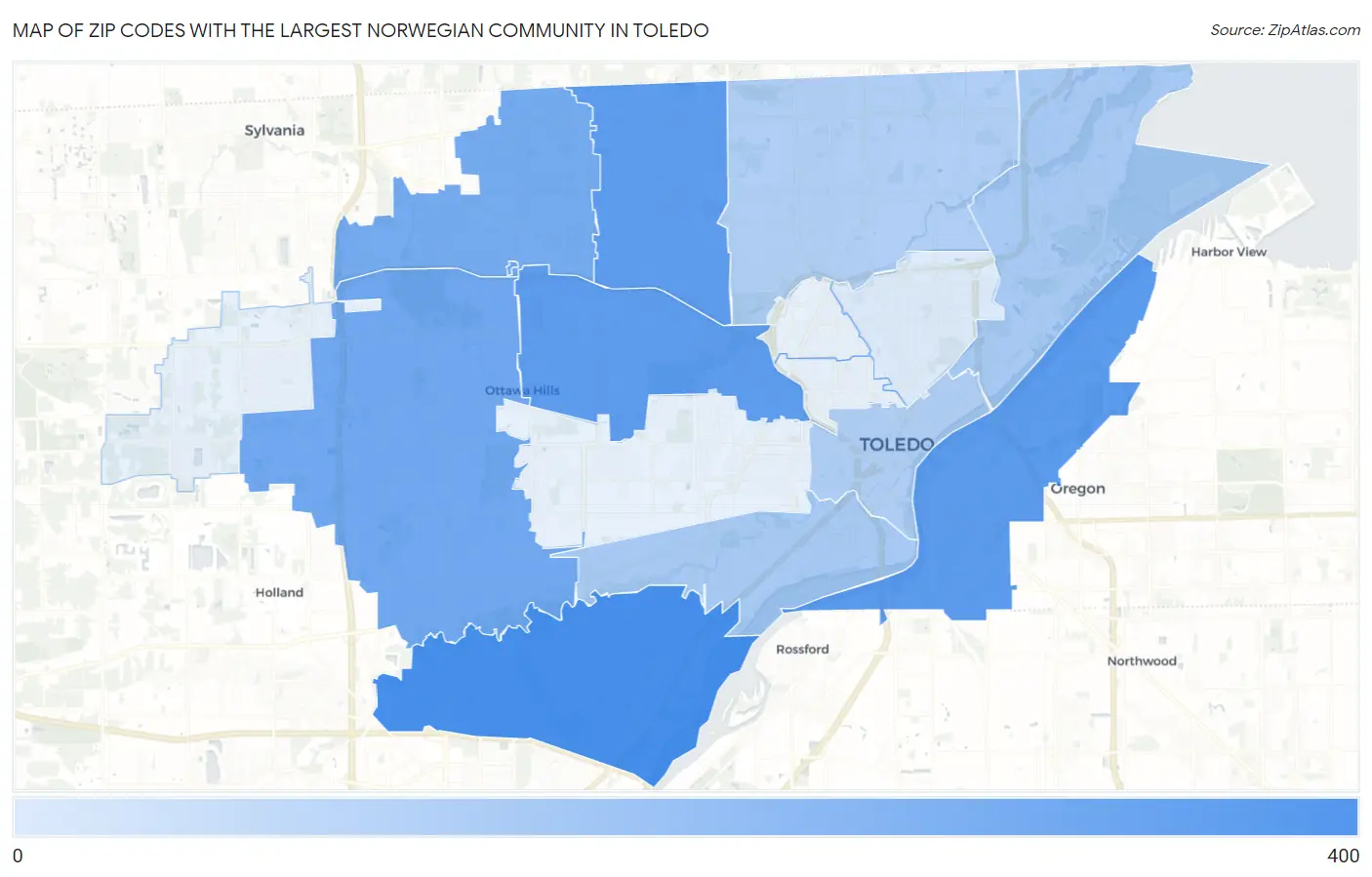 Zip Codes with the Largest Norwegian Community in Toledo Map