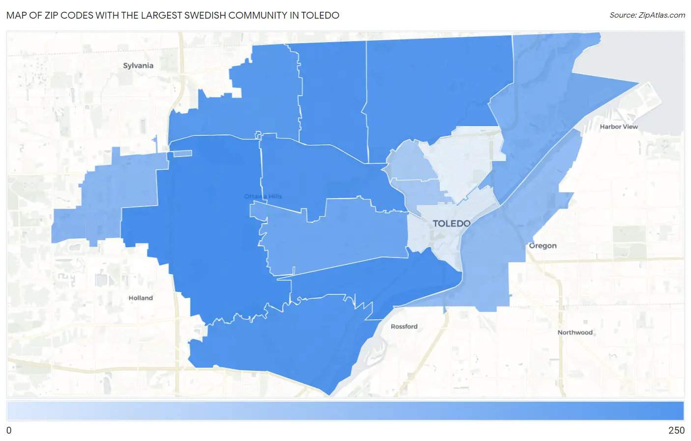 Zip Codes with the Largest Swedish Community in Toledo Map