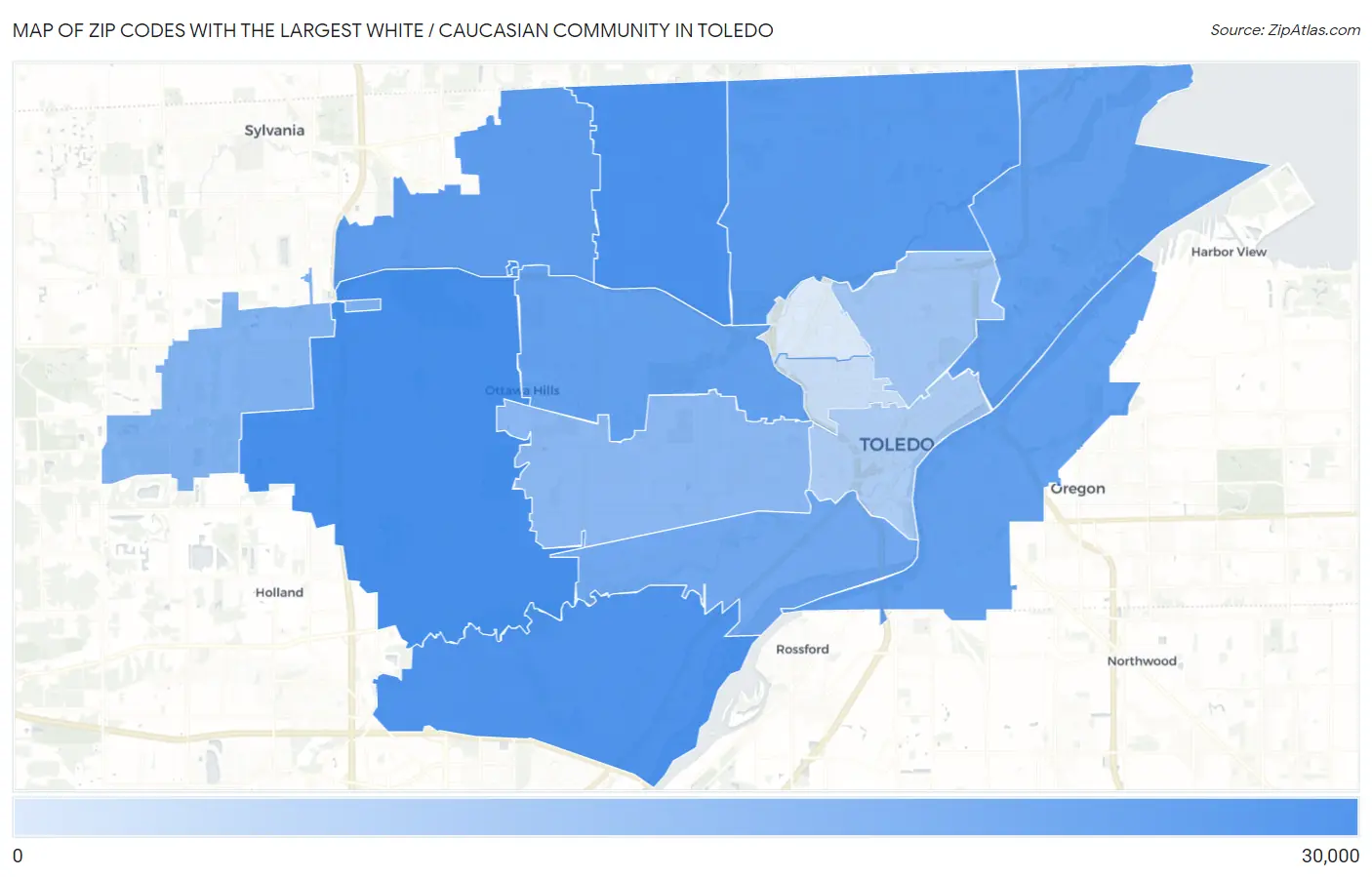 Zip Codes with the Largest White / Caucasian Community in Toledo Map