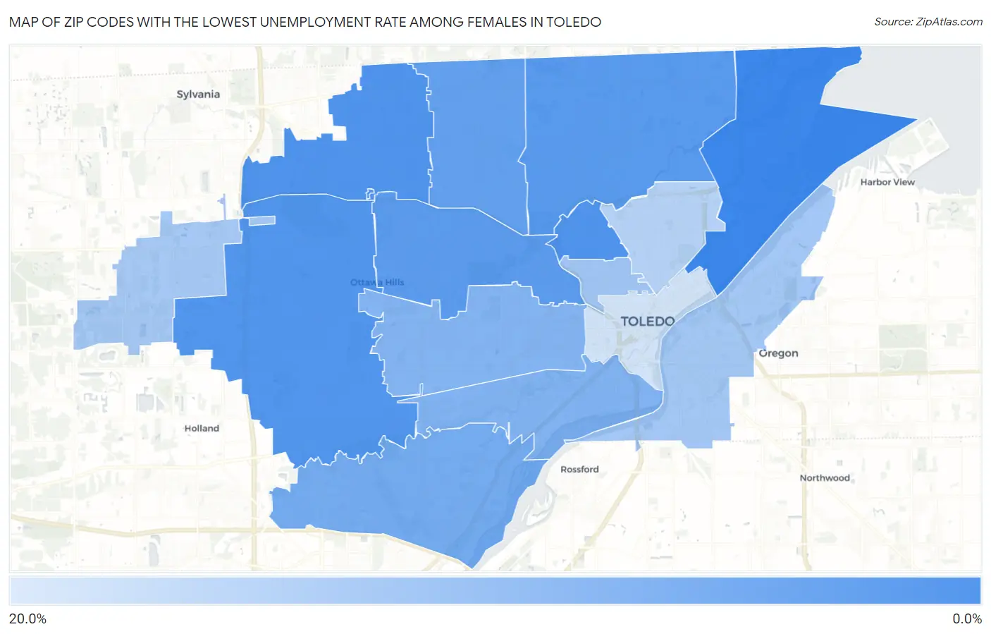 Zip Codes with the Lowest Unemployment Rate Among Females in Toledo Map
