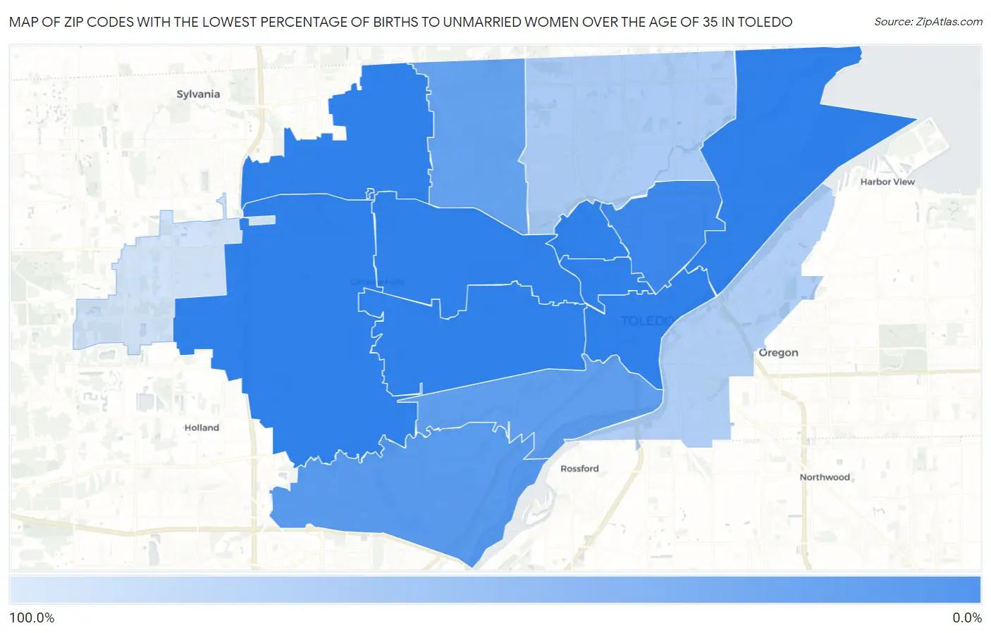 Zip Codes with the Lowest Percentage of Births to Unmarried Women over the Age of 35 in Toledo Map