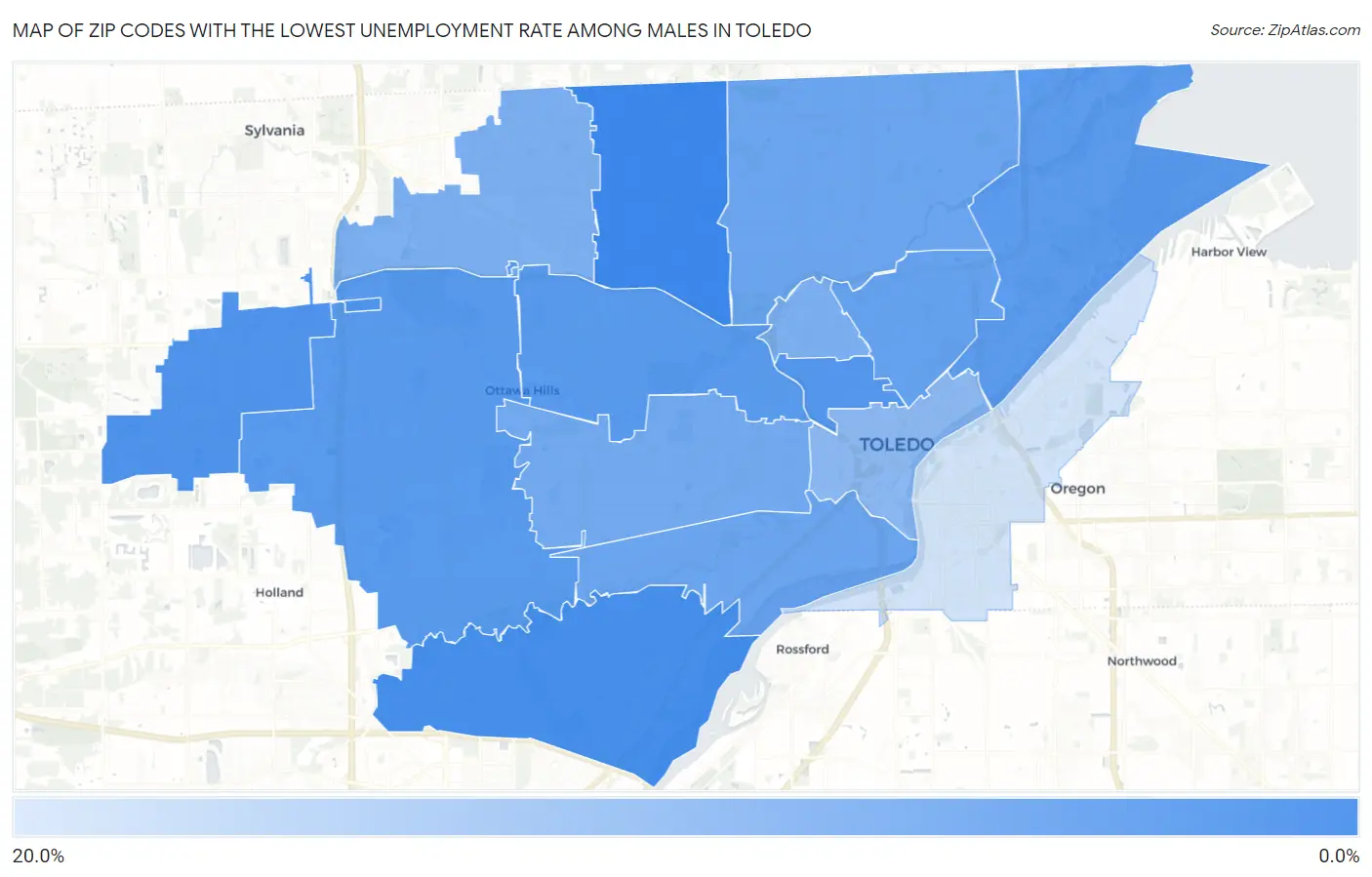 Zip Codes with the Lowest Unemployment Rate Among Males in Toledo Map