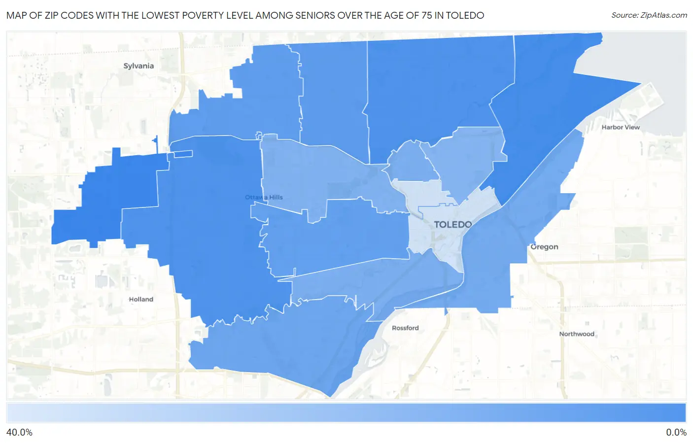 Zip Codes with the Lowest Poverty Level Among Seniors Over the Age of 75 in Toledo Map
