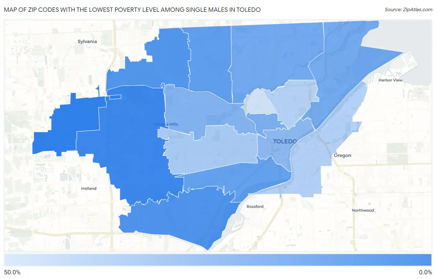 Zip Codes with the Lowest Poverty Level Among Single Males in Toledo Map
