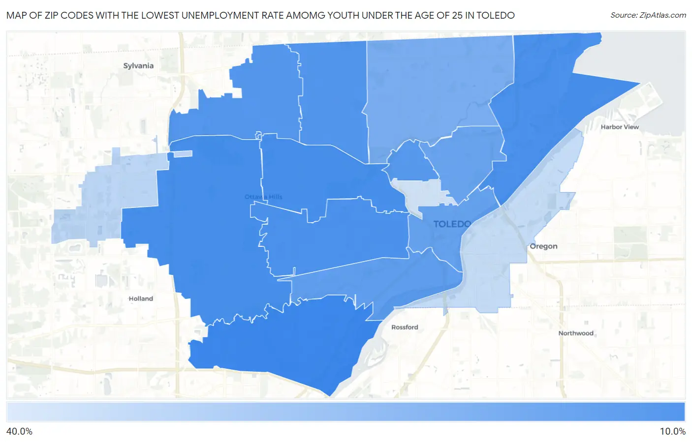Zip Codes with the Lowest Unemployment Rate Amomg Youth Under the Age of 25 in Toledo Map