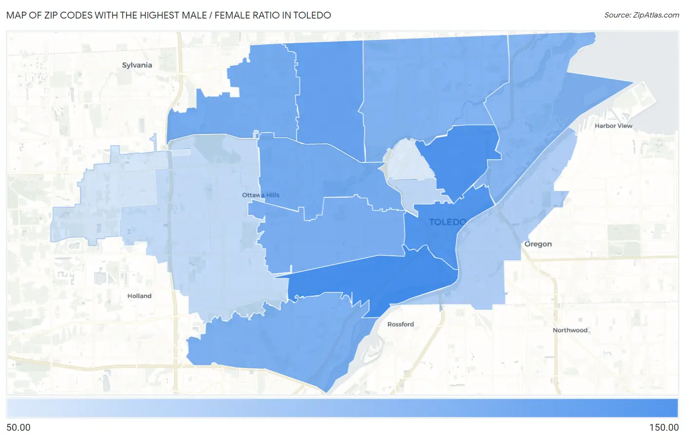 Zip Codes with the Highest Male / Female Ratio in Toledo Map